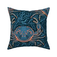 Crab-ulous coral reef // normal scale // navy blue background ornamental decorative coral and blue crabs wallpaper