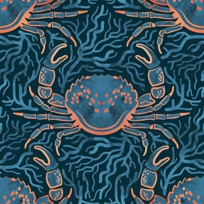 Crab-ulous coral reef // normal scale // navy blue background ornamental decorative coral and blue crabs wallpaper