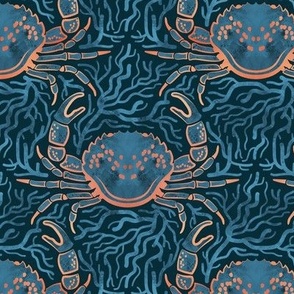 Small scale // Crab-ulous coral reef // navy blue background ornamental decorative coral and blue crabs wallpaper