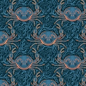 Tiny scale // Crab-ulous coral reef // navy blue background ornamental decorative coral and blue crabs wallpaper
