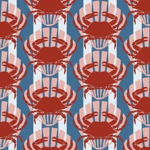 Red Crabs on Pink Scallop Shells with Blue Stripes
