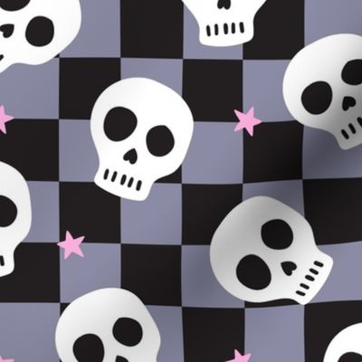 Big Skeleton Skulls on Purple and Black Checkerboard