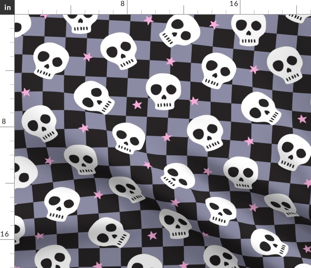 Big Skeleton Skulls on Purple and Black Checkerboard
