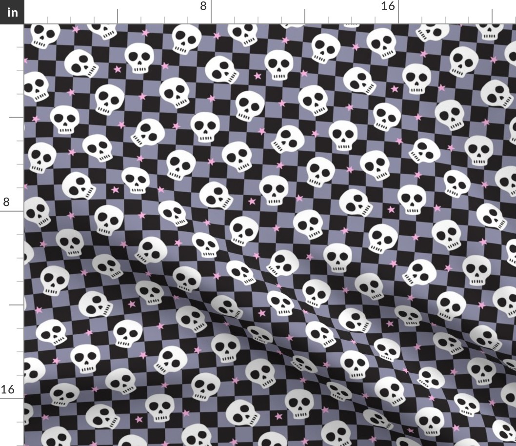 Small Skeleton Skulls on Purple and Black Checkerboard