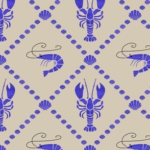 Crustacean Core | Lobsters, shrimps and seashells | Beige and Indigo Blue
