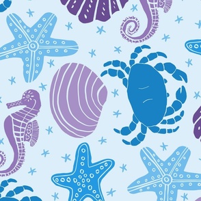 crabs, clams, starfish and seahorses (jumbo scale) | shellfish and ocean animals living their best sea life in purple and blue | block print style