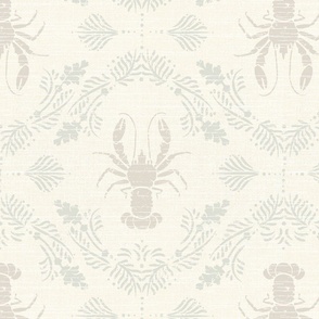 lobster Damask on linen-look weave in a soft faded antique style