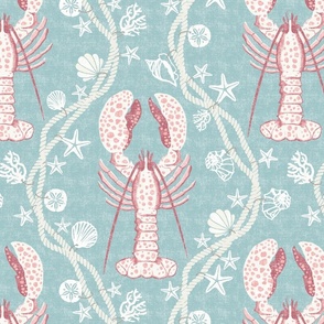 (L) Lobster with Shells and Rope - Aqua Coral 