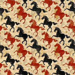 Antique Equestrian: Black and Red Horses on Vintage Paper Background