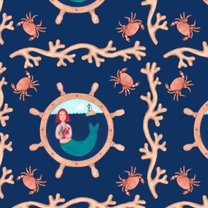 Mermaid holding lobster with seaweed and crabs on a navy blue background
