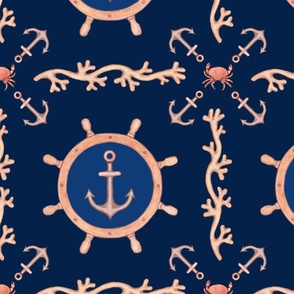 Anchors, seaweed, crabs on navy blue background