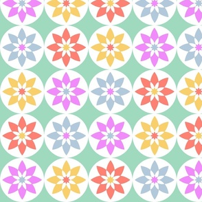 Round Fiesta Flower Tile, multi color on mint