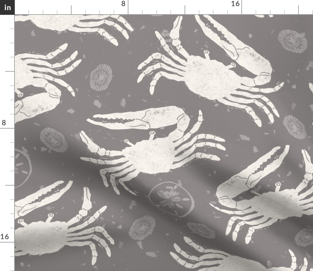 Large Block Printed Fiddler Crab Beach Life in Warm Grey