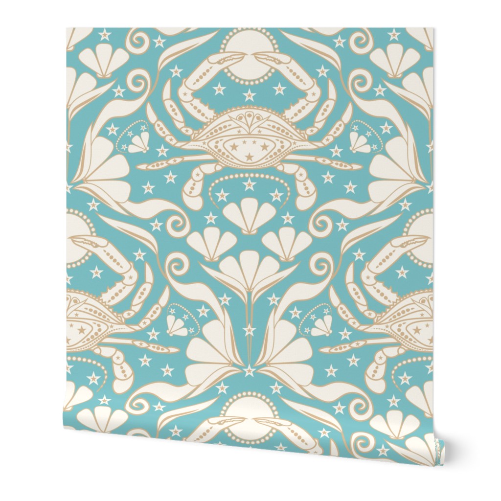 Art Nouveau Crab Damask / Beach Coastal / Crustacean Core / Cancer Zodiac / Robin Egg Blue Dove White / Large