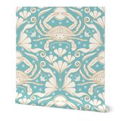 Art Nouveau Crab Damask / Beach Coastal / Crustacean Core / Cancer Zodiac / Robin Egg Blue Dove White / Large