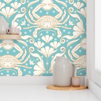 Art Nouveau Crab Damask / Beach Coastal / Crustacean Core / Cancer Zodiac / Robin Egg Blue Dove White / Large