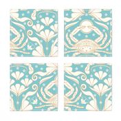 Art Nouveau Crab Damask / Beach Coastal / Crustacean Core / Cancer Zodiac / Robin Egg Blue Dove White / Large