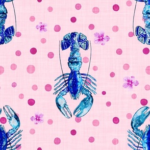 Crustacean core blue lobster on pink with polka dots and pink flowers linen texture (large scale)