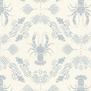 lobster Damask on linen-look weave in soft blue and cream 