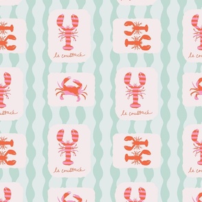 Medium - Le Crustacé mint wavy stripe and red and pink lobster & crab