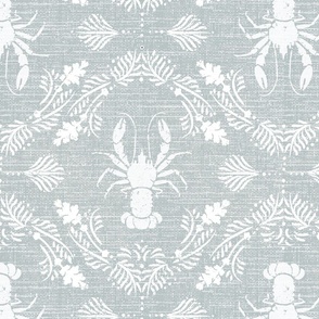 lobster Damask on linen-look weave blue wash and white block print style