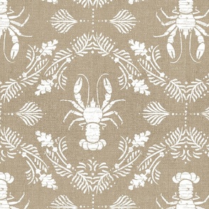 lobster damask on linen-look weave flax and white in large repeat