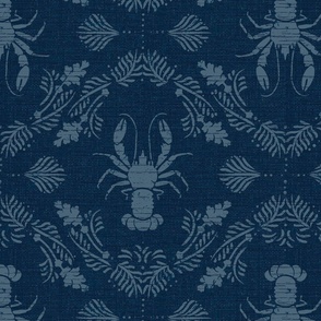 lobster Damask on linen-look weave on indigo blue