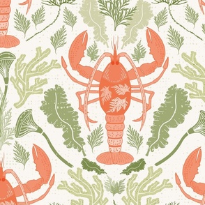 Large Scale Lobster Love in Coral and Green