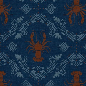 lobster Damask on linen-look weave in indigo blue and brick red