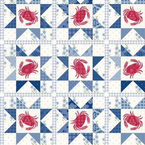 Crustacean Core Crabs on Blue and White Quilted SawTooth Stars 
