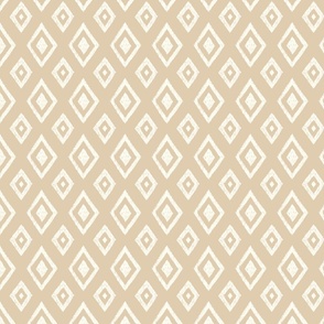 Ikat classic diamond Indie global textile pattern in natural white on soft sand beige, small scale