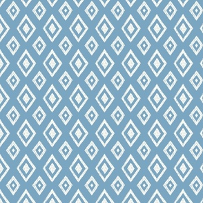 Ikat classic diamond Indie global textile pattern in natural white on French blue, small scale