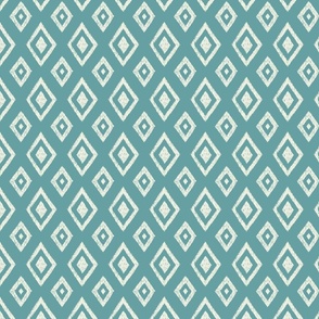 Ikat classic diamond Indie global textile pattern in green mist on teal green, small scale