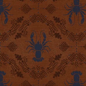 lobster Damask on linen-look weave in indigo blue and brick red