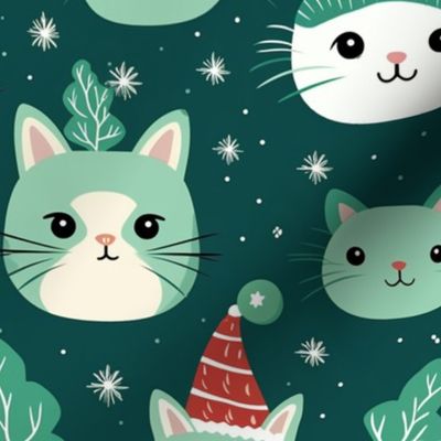 Christmas Kitty Cat Faces on Green