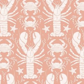 Crustacean core lobsters & crabs linocut - medium scale_ peach and cream