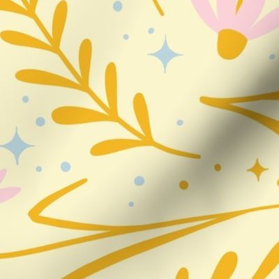 (L) celestial flowers with stars in folk art style - bright soft yellow