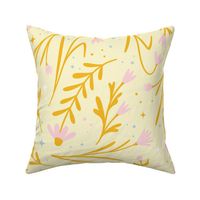 (L) celestial flowers with stars in folk art style - bright soft yellow