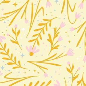 (L) celestial flowers with stars in folk art style - bright soft yellow