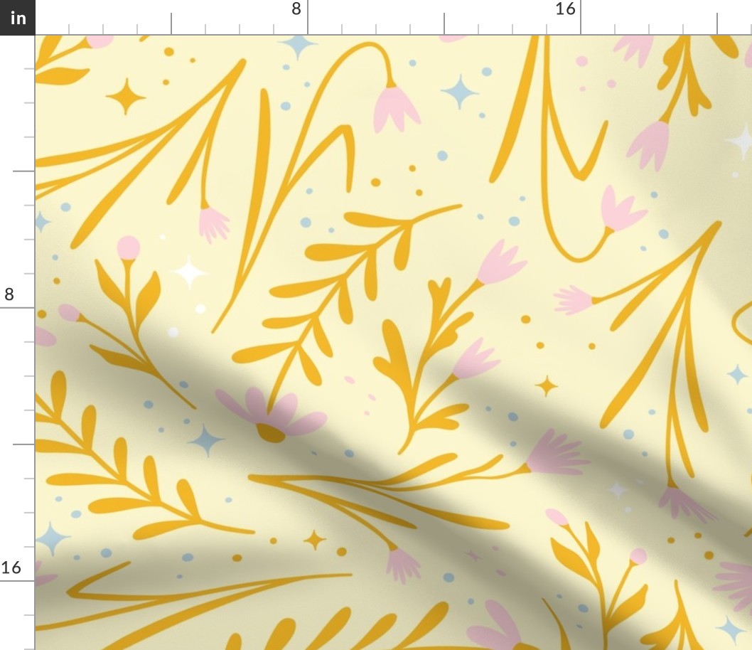 (L) celestial flowers with stars in folk art style - bright soft yellow