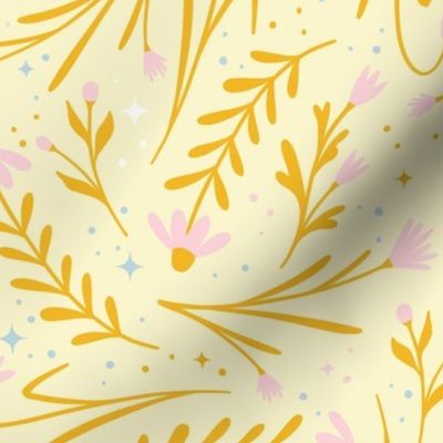 (M) celestial flowers with stars in folk art style - bright soft yellow