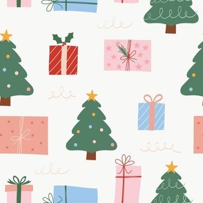 Medium // Christmas Trees and Christmas Presents in Pink, Red, Blue on White
