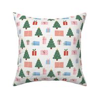 Small / Christmas Trees and Christmas Presents in Pink and Blue on White
