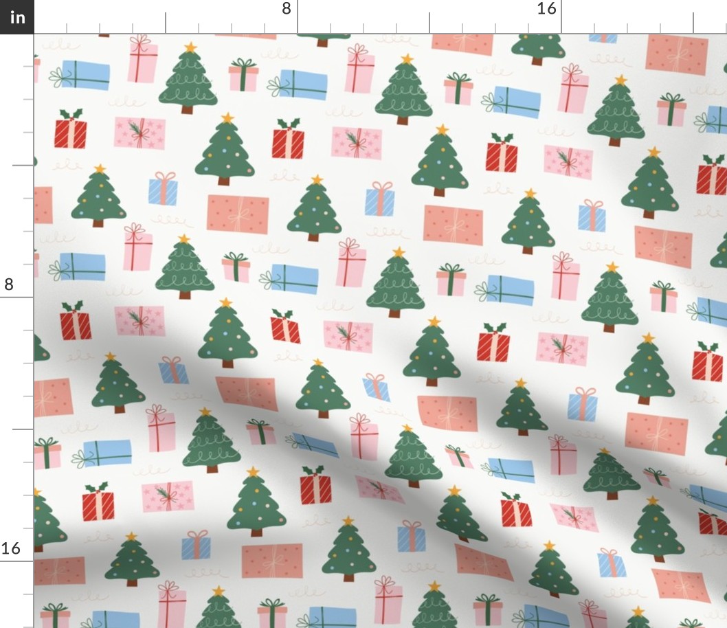 Small / Christmas Trees and Christmas Presents in Pink and Blue on White