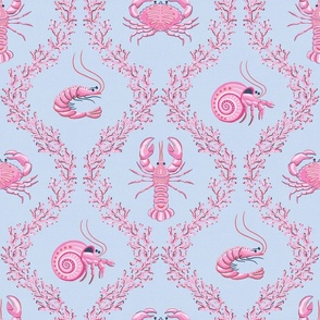 coral and crustacean/pink on light blue/large
