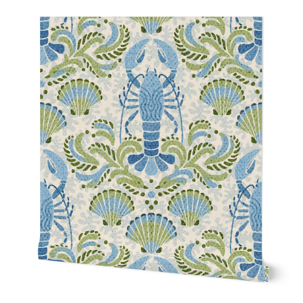 Lobster damask in blue and green - large scale