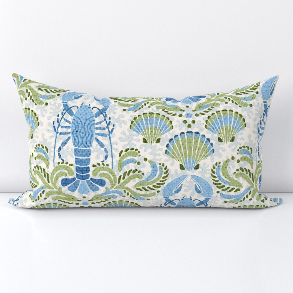 Lobster damask in blue and green - large scale