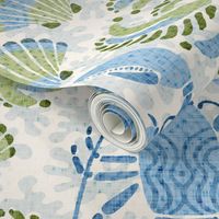Lobster damask in blue and green - large scale