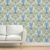 Lobster damask in blue and green - large scale