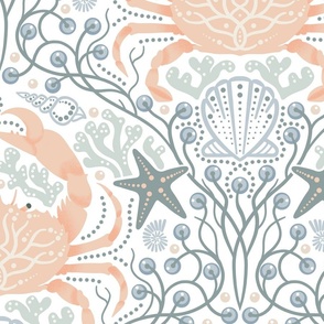 Detailed crabs with sea life, shells, seaweed, starfish and pearls in pastel peach muted green and blue, large